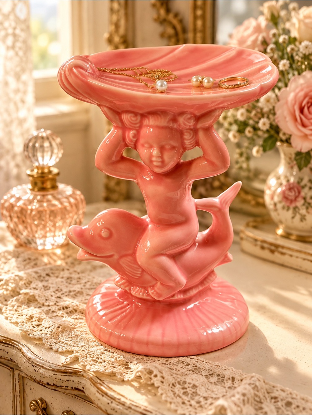 80's Vintage Pink Ceramic Cherub & Dolphin Jewelry Trinket Dish